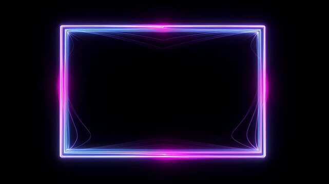 Neon frame loop glowing blue magenta abstract border on black background with rectangular copy space, empty center, and cyan light for modern design SEO