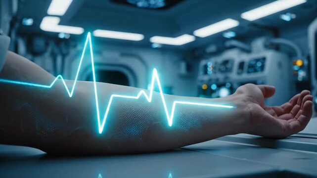 white patient arm on med table with holographic heartbeat waveform, wrist sensors and electrodes emit neon trace, clinical blue interior with monitors and diagnostic panels, tense monitoring