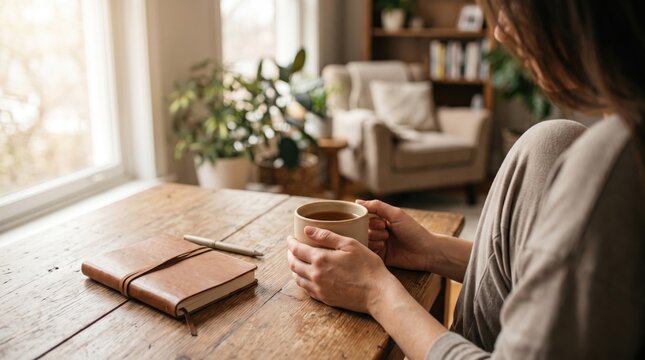 Woman holding coffee cup relaxing at home table with notebook and pen, cozy morning routine self-care mindfulness journaling peaceful quiet moment reflection
