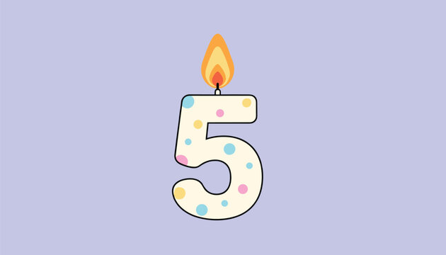 Colorful birthday candle shaped like the number five with a bright flame over a plain light purple background.