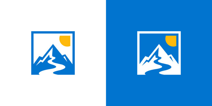 logo design combining mountain and river, design vector summit icon idea