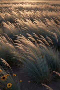 Dense stands of native blue grama grasses and black-eyed Susans sway gently in a dry coastal field during golden hour.
