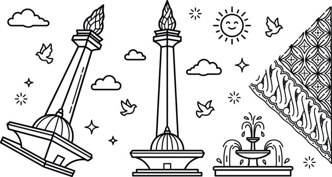 National Monument of Indonesia Monas Icon Set with Traditional Indonesian Batik Design Elements