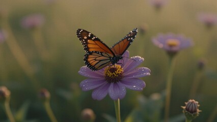Fototapeta premium A monarch butterfly perches on a late-blooming cosmos flower in a serene summer meadow.