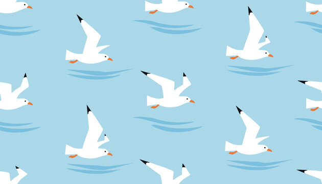 Beautiful summer seamless pattern of white seagulls flying over blue water waves against a light blue sky backdrop.