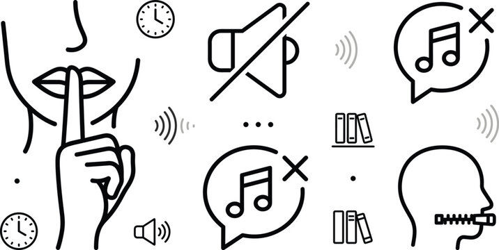 Keep Silence and Mute Audio Concept Icon Set with Quiet Symbols for Library Designs