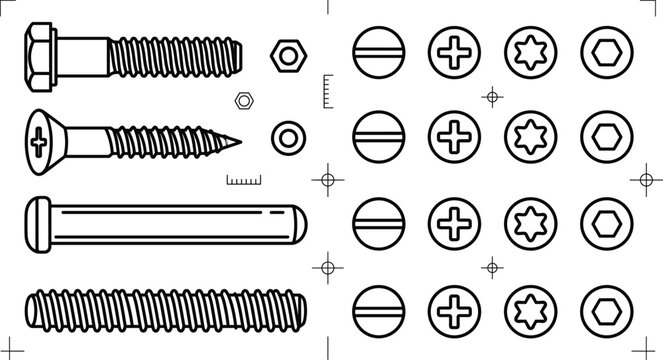 Industrial Screw Bolt Head Type Schematic Icon Set for Hardware Store Technical Blueprints