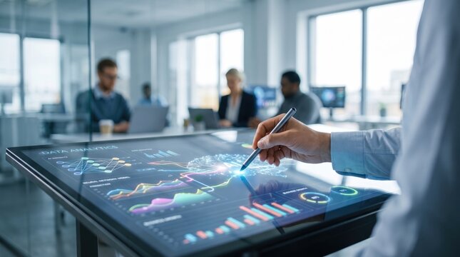 Futuristic digital data analytics interface on large touch screen table in modern smart office environment