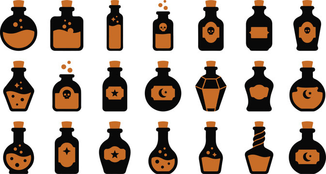 Vintage apothecary bottles collection halloween potions elixirs and poison labels vector set