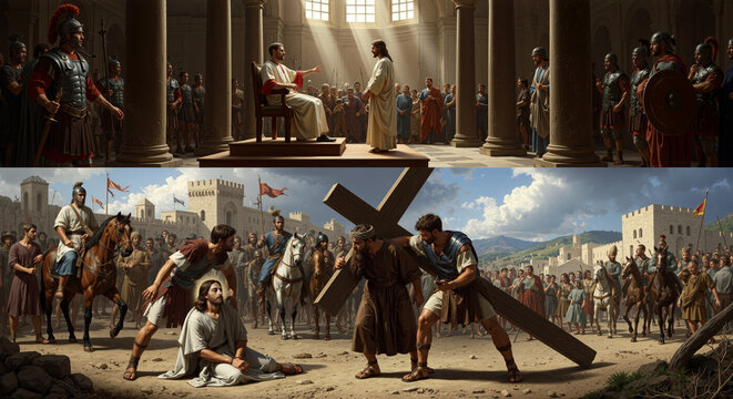 Biblical scene of Jesus Christ sentenced and crucified depicting dramatic moments of judgment and sacrifice with people and Roman soldiers present.