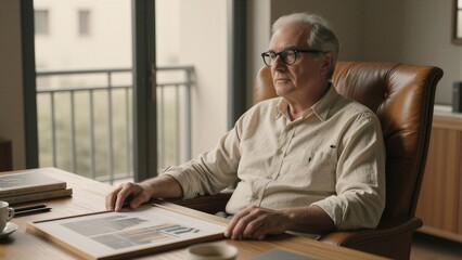 Obraz premium An older man sits in a modern office, surrounded by books and papers, lost in thought over a detailed chart on his desk.