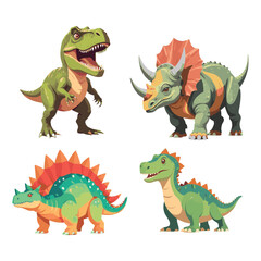 Fototapeta premium Cute Cartoon Dinosaur Vector Set Featuring Tyrannosaurus Rex Triceratops Stegosaurus Prehistoric Animals Clipart Collection for Kids Education Book Cover Printable T-Shirt Design White Background