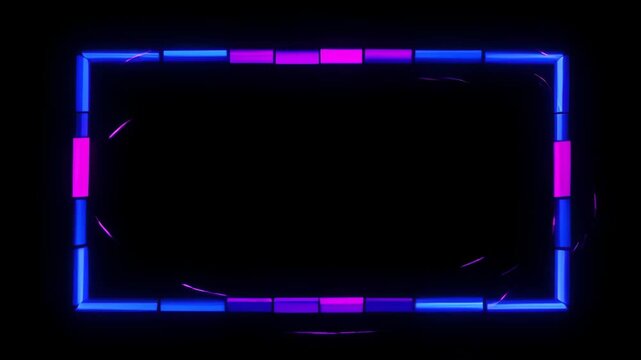 Neon loop frame with blue and magenta glow on black background, abstract geometric border for modern display space and digital design with copy space, searchable SEO friendly concept