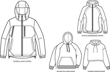 Technical Jacket and Hoodie Fashion Flat Sketch Set for Outerwear Apparel Tech Packs © MstBabli