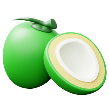 3D Green Coconut Icon and Sliced Half