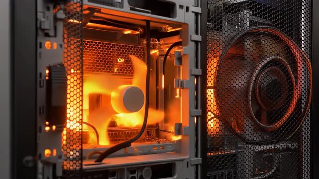 Overheating Server Casing Emitting Orange Glow with Fast Spinning Fans