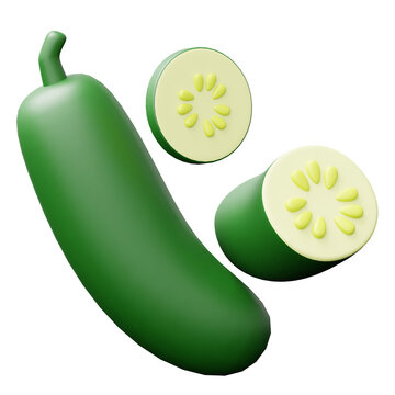 3D Green Cucumber Illustration with Sliced Pieces