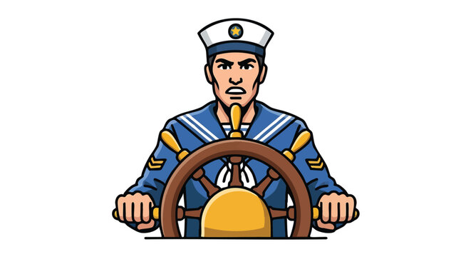 Sailor Steering Ship Wheel Mascot Cartoon Illustration.