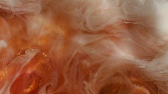 Smoke splash blur. Sparkling fluid. White orange wavy explosion paint mix. Vortex color dye swirl abstract shimmering art background.