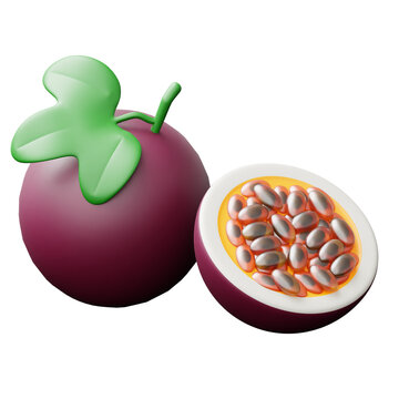 3D Passion Fruit Icon with Whole and Sliced Maracuja