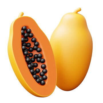 3D Papaya Fruit Icon with Fresh Sliced Half