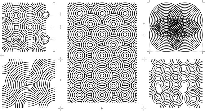 Abstract Geometric Concentric Circles Seamless Pattern Set with Wavy Line Art Background Designs