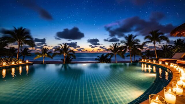 Infinity pool at tropical beach resort at dusk, candles lit around pool edge, palm trees silhouetted against colorful sunset sky with stars
