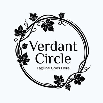 Verdant Circle with grape leaves vine branch frame for winery nature organic botanical beauty cosmetic garden fashion logo design