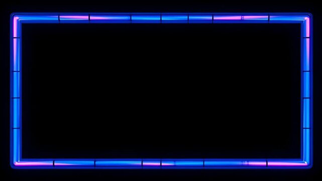 Neon blue and pink frame border rectangle glow light sign banner on black background with empty center for copy space, modern abstract loop design for SEO friendly display