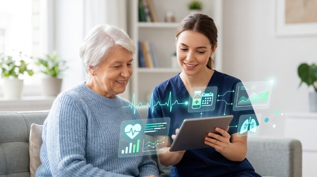 Senior woman and nurse using digital tablet for telemedicine, futuristic holographic medical data icons, home healthcare concept, remote patient monitoring