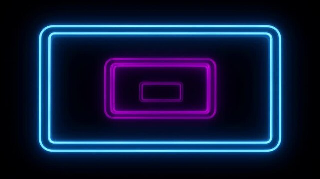 Neon blue and magenta loop frame with glowing rectangular shape dark background, abstract modern light design, neon loop frame glowing abstract rectangle dark background with blue and purple light