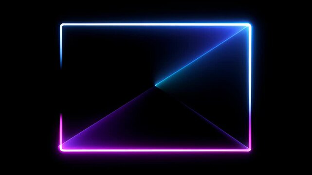 Neon loop frame glowing rectangular border with blue magenta light on black background, abstract line art graphic design with copy space for modern SEO friendly use