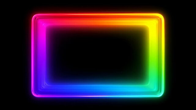 Neon frame loop with glowing rainbow abstract rectangle border on black background, vivid color gradient light, modern minimal design with copy space and searchable SEO title