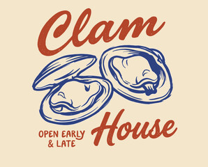 Clam house, vintage seafood sign, retro restaurant logo, nautical illustration, shell graphic, coastal dining, blue red art, seafood bar © srina