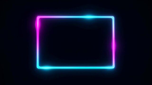 Neon loop frame glowing rectangular border with cyan and magenta gradient light on dark background, abstract square outline for modern design and empty copy space
