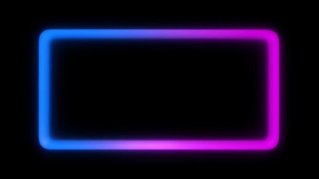 Neon frame loop glowing rectangular border on black background with blue and magenta light for abstract modern design and empty copy space geometry shape