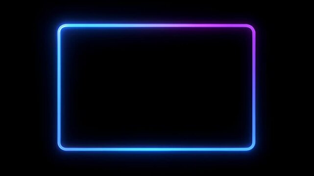 Neon loop frame with blue and pink glow on black background, empty copy space for modern design, neon frame loop glowing rectangle on black background for modern design and empty copy space