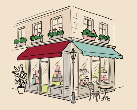 Corner shop illustration, vintage boutique storefront, hand-drawn cafe facade, bakery with red awning, street lamp, bistro table scene