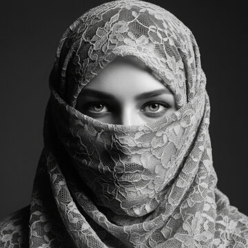 Lace veil covering a woman face showing intense beautiful eyes in a dramatic black and white fine art studio portrait