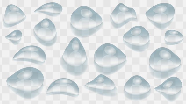 Realistic transparent water droplets with soft reflections on a neutral grid background