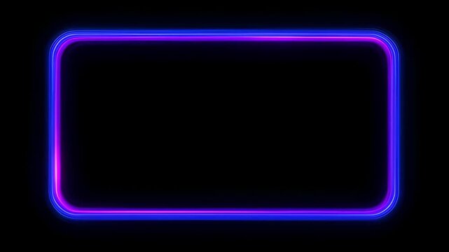 Neon loop frame glowing rectangular border on black background with blue and purple light for modern abstract design and copy space SEO title