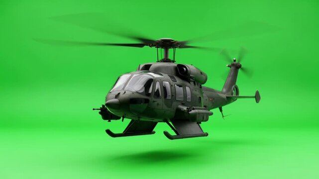 Combat helicopter strength symbol and cinematic vfx editing potential showing military defense and creative film production on green screen background