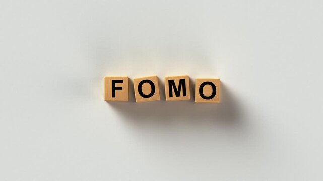 FOMO Fear of Missing Out Acronym on Wooden Letter Blocks. 3D render animation