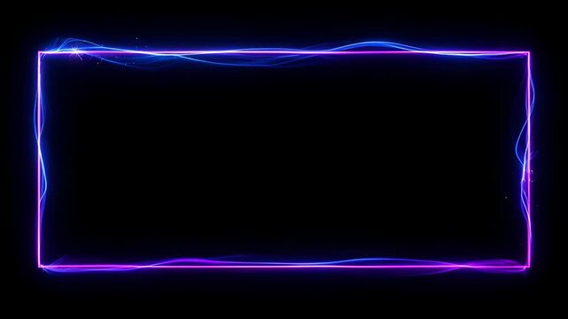 Neon loop frame border on black background with purple and blue glow, abstract light template for design and copy space, electric glowing border for SEO friendly title