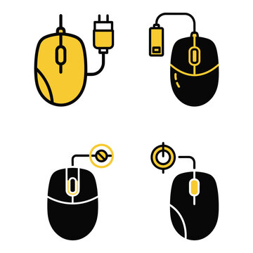 Vector art of four yellow and black computer mouse icons showing different connection types and states