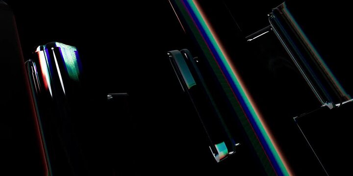 Abstract dark background with glowing vertical lines and colorful light reflections on black surface