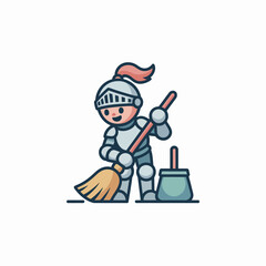 Fototapeta premium Cartoon knight cleaning with broom.