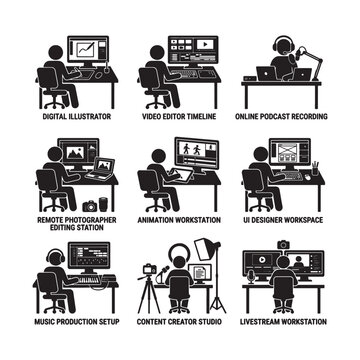 Various creative professional workstations with digital tools and equipment