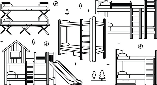 Bunk beds furniture and kids bedroom cabin linear icons set with outline vector elements for hostel