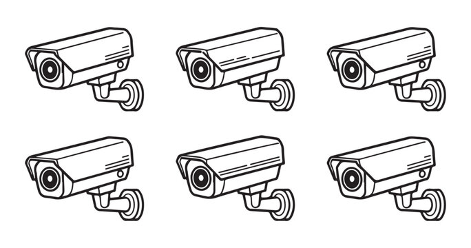 Set of surveillance camera icons featuring black outline security equipment on a transparent grey background.